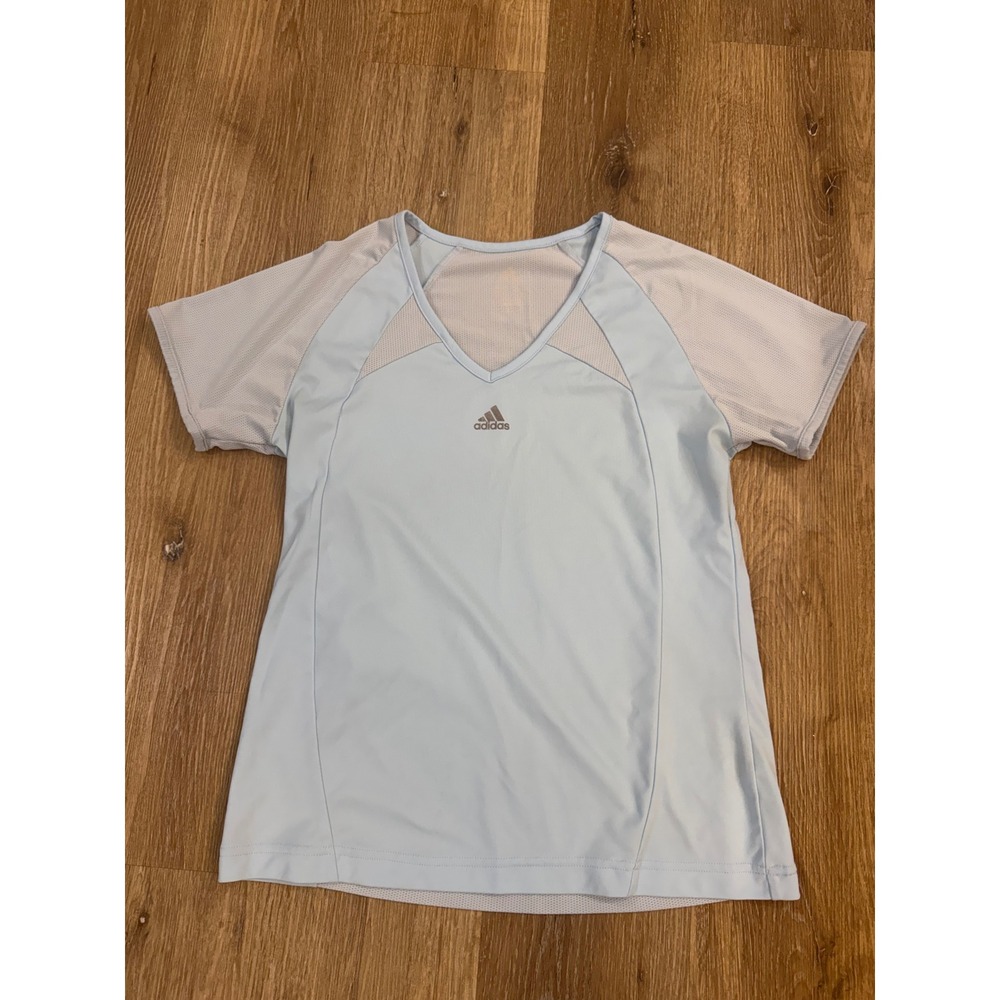 Y2K Adidas Mesh Panel V-Neck Activewear Top Womens M Light Blue Short Sleeve